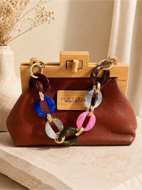 Brown Leather Frame Clutch with Multicolor Chain